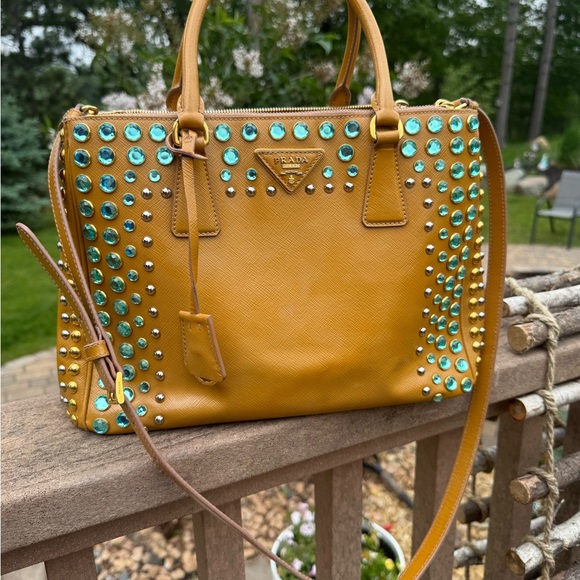 EUC! Prada Vintage Tan and Blue Studded Satchel Crossbody - Picture 1 of 7